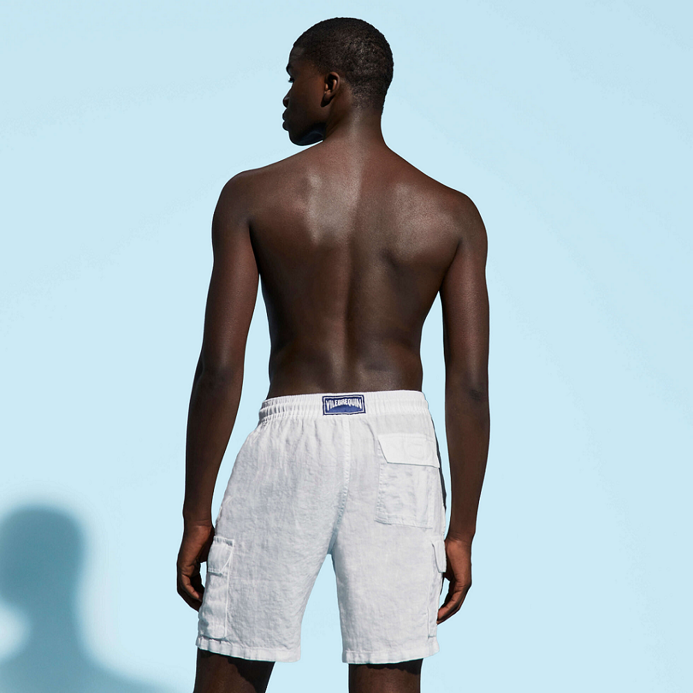 Load image into Gallery viewer, Men Linen Bermuda Short Cargo Pockets White - Shorts
