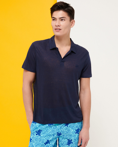 Men Linen Jersey Polo Shirt Solid Navy Blue - Polo Shirt