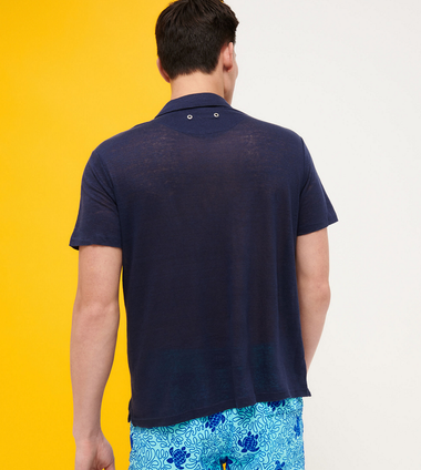 Men Linen Jersey Polo Shirt Solid Navy Blue - Polo Shirt