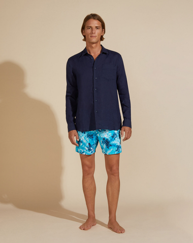 Caroubis Solid Navy Blue Long Sleeve Linen Shirt - Long Sleeve Shirt