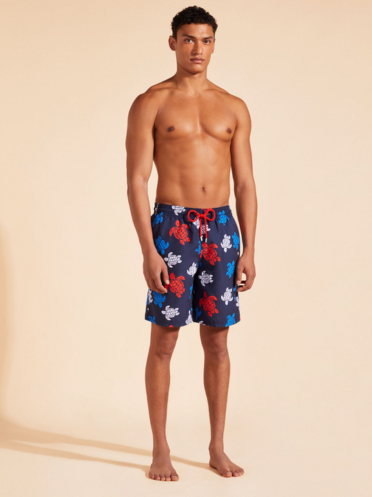 Load image into Gallery viewer, Men Long Swim Shorts Ronde des Tortues Navy Blue - Men’s Swim Shorts
