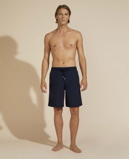 Men Long Swim Shorts Solid Navy Blue