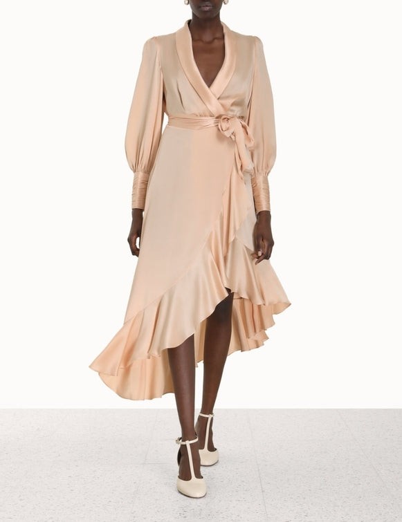 Silk Wrap Midi Dress Sand