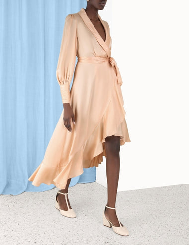 Silk Wrap Midi Dress Sand - Dress