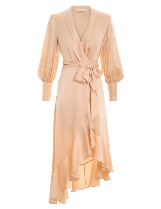 Silk Wrap Midi Dress Sand