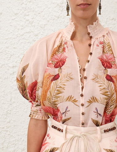 Ascension Billow Blouse Cream Palm Floral
