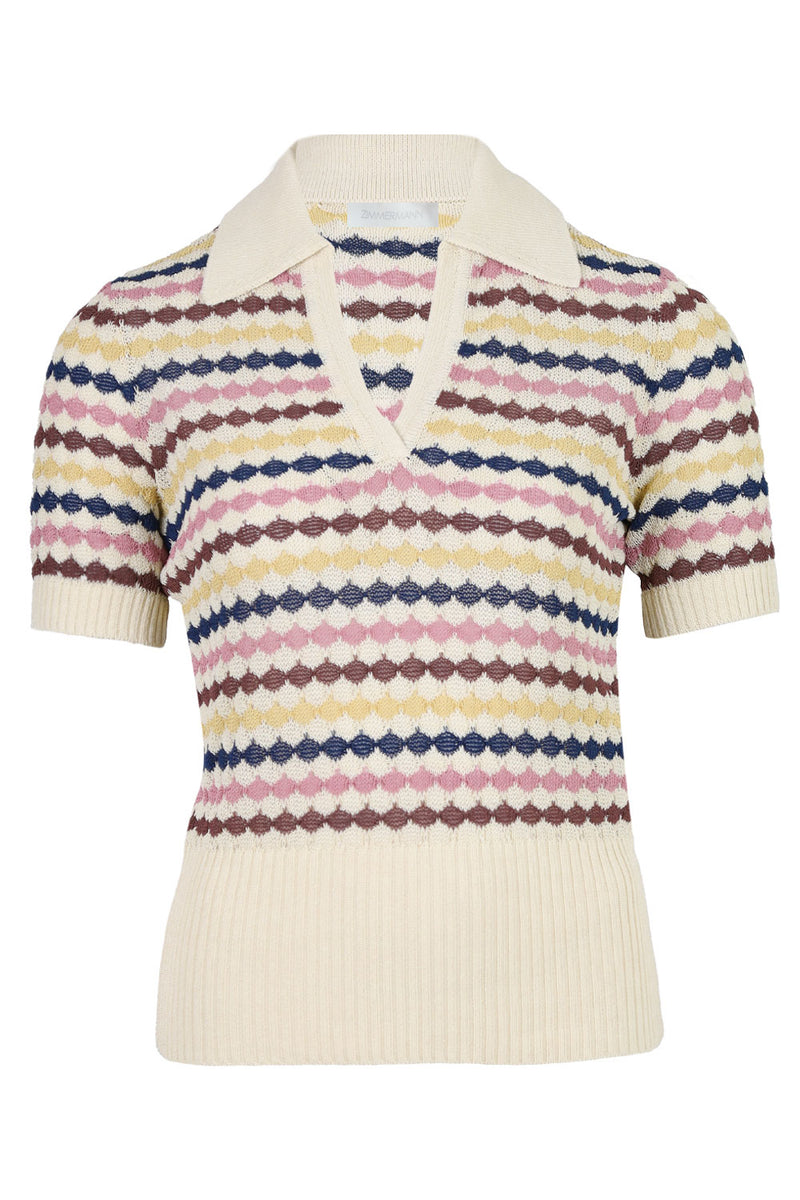 Awaken Scallop Knit Polo Multi Stripe