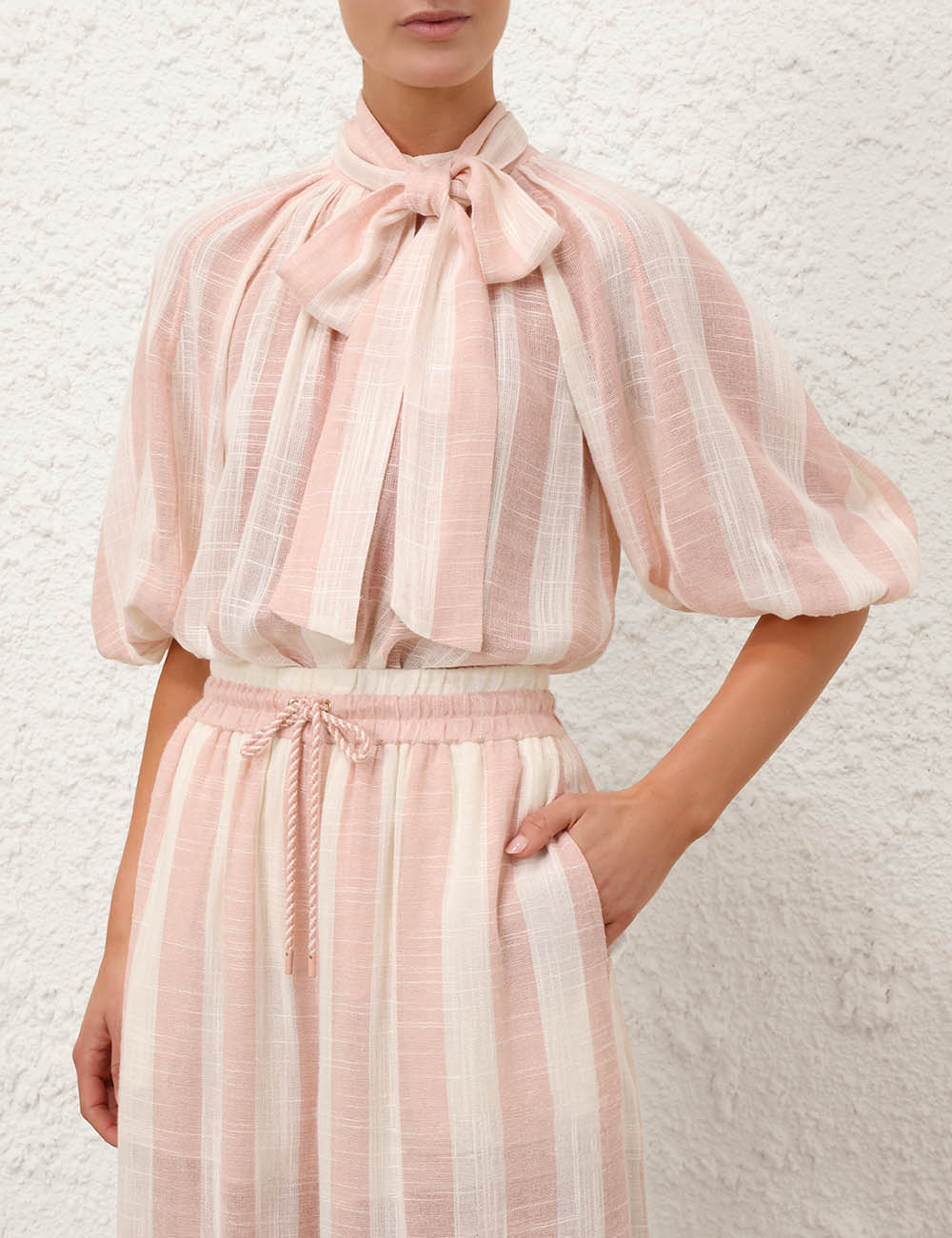 Load image into Gallery viewer, Acacia Blouson Shirt Pink Cream Stripe - Top
