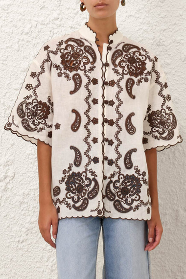 Ascension Embroidered Shirt Ivory Chocolate