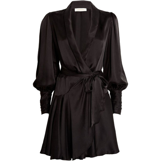 Silk Wrap Mini Dress Black