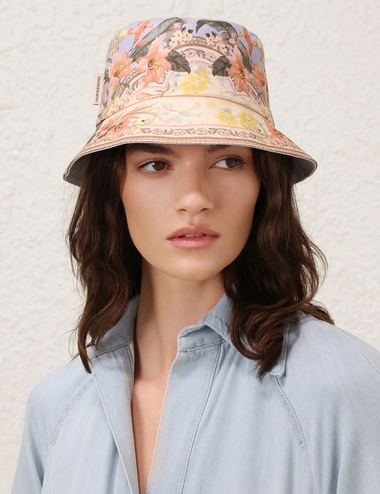 Printed Canvas Bucket Hat Blue Floral - ONE SIZE - Hat