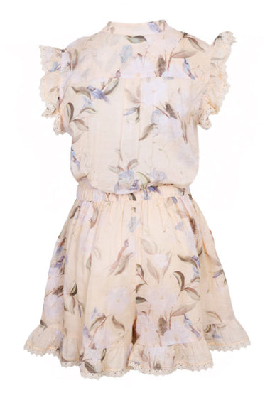 Cascadian Kids Frill Playsuit Cream Botanical  Floral