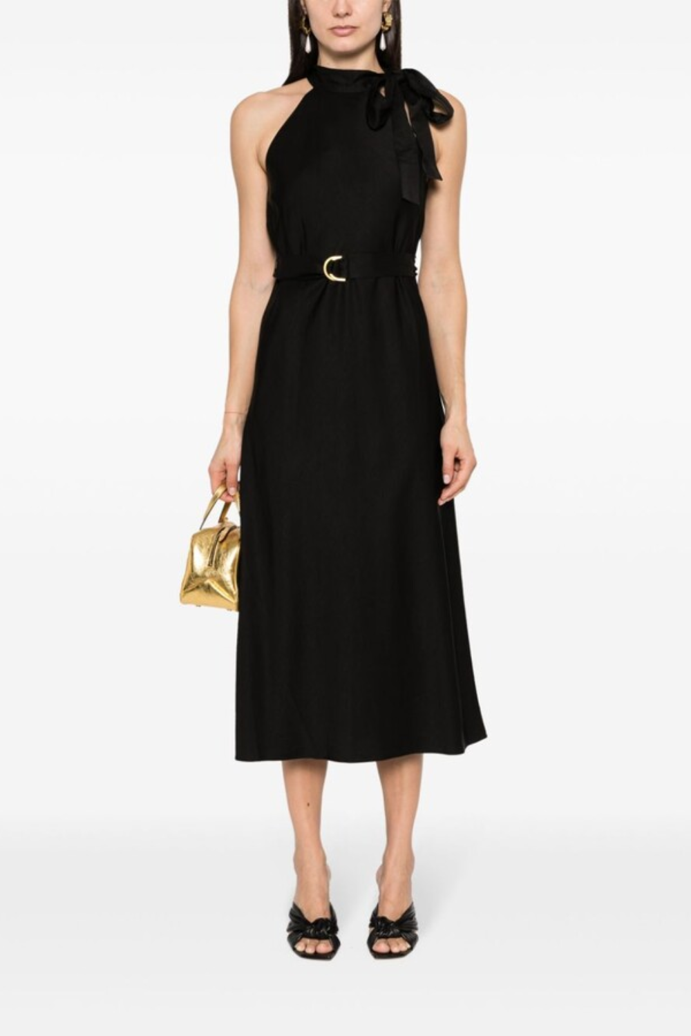 Load image into Gallery viewer, Neck Tie Halter Bias Dress Black
