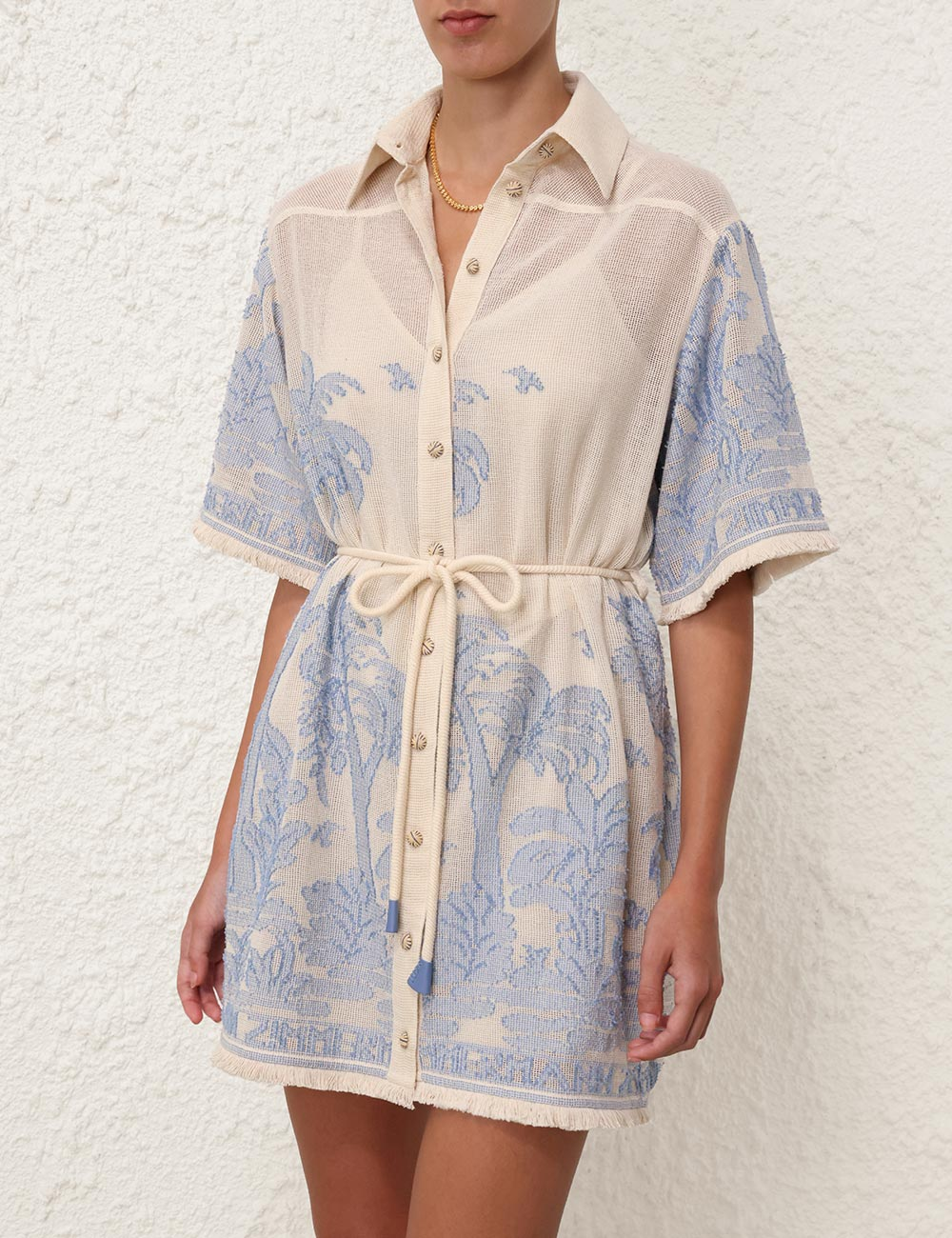 Load image into Gallery viewer, Ottie Palm Shirt Dress Cream/Blue - Dress
