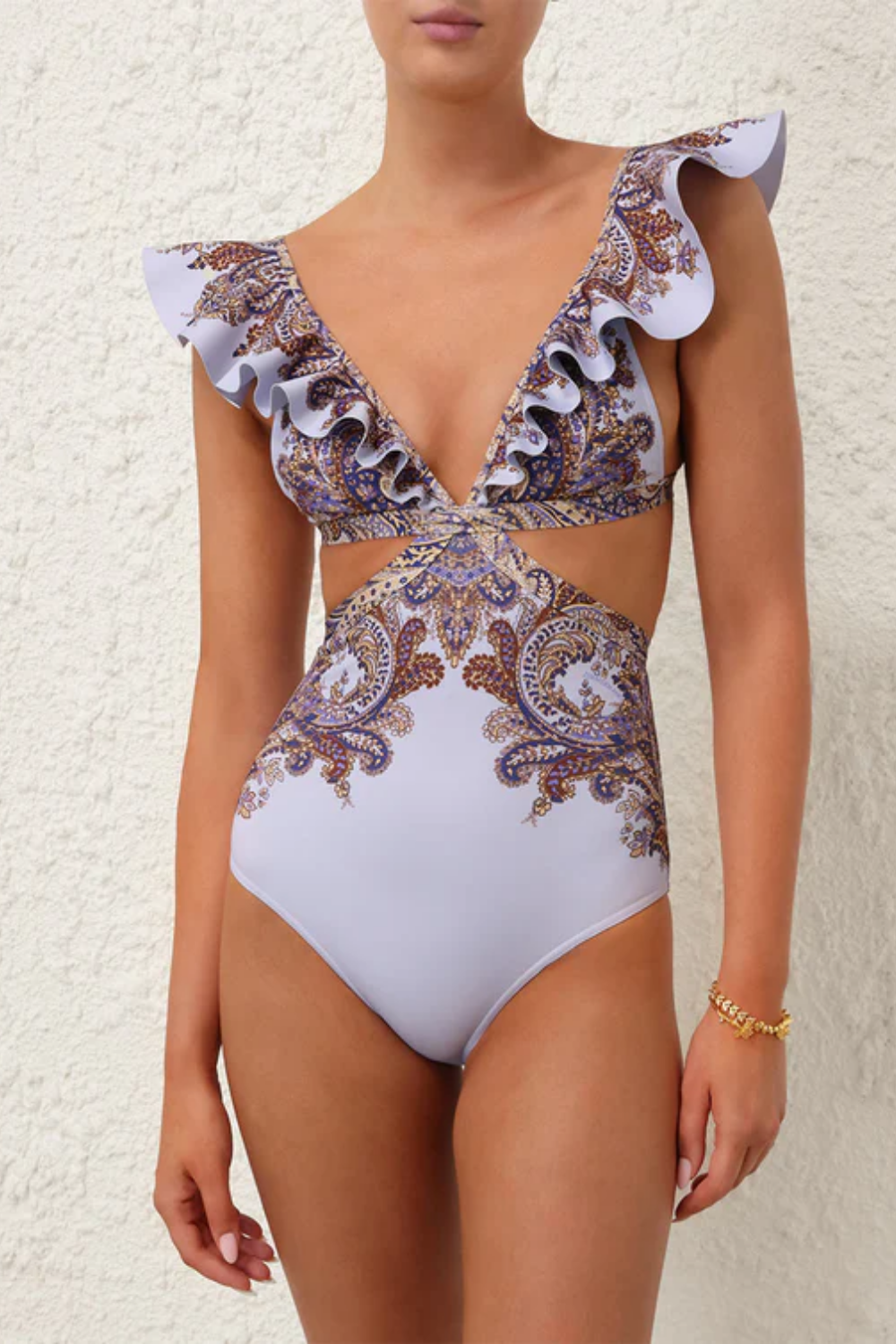 Load image into Gallery viewer, Ottie Ruffle One Piece Purple Paisley
