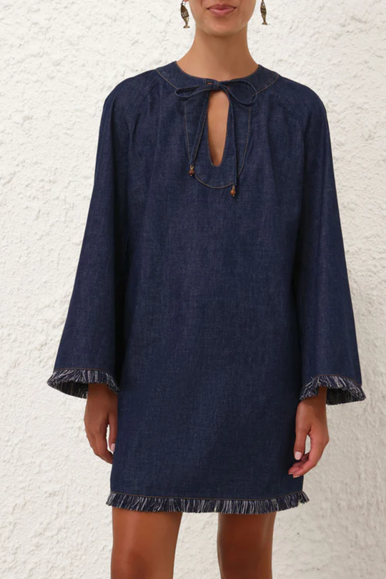 Load image into Gallery viewer, Rhiannon Fringe Denim Mini Dress
