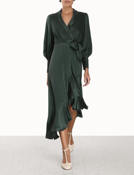 Silk Wrap Midi Dress Dark Green
