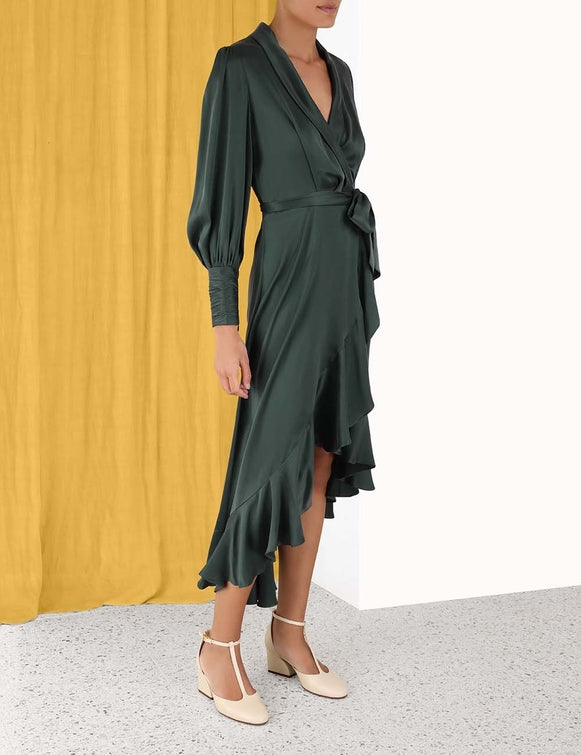 slim fit dress slacks Silk Wrap Midi Dress Dark Green