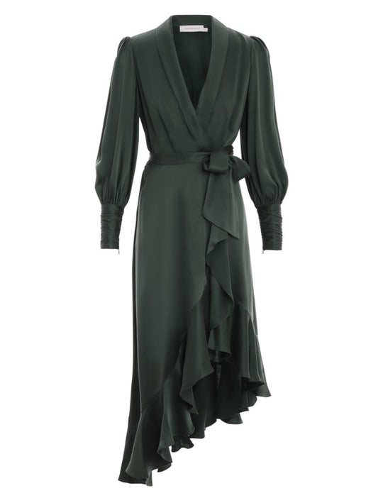 Silk Wrap Midi Dress Dark Green