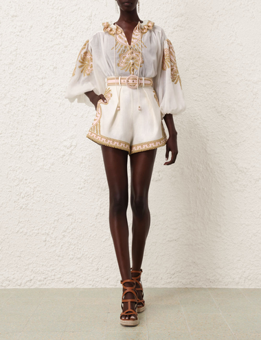 Waverly Embroidered Tuck Short In Cream/Gold - Shorts