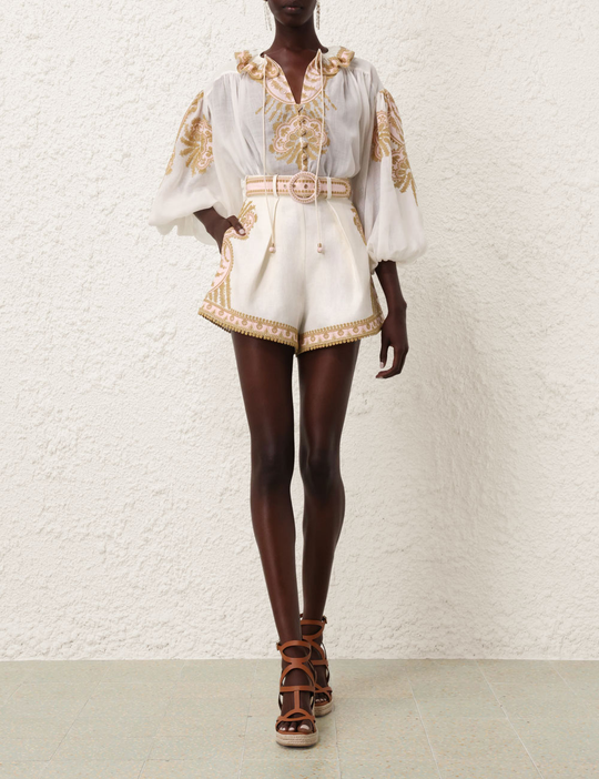 Waverly Embroidered Tuck Short In Cream/Gold