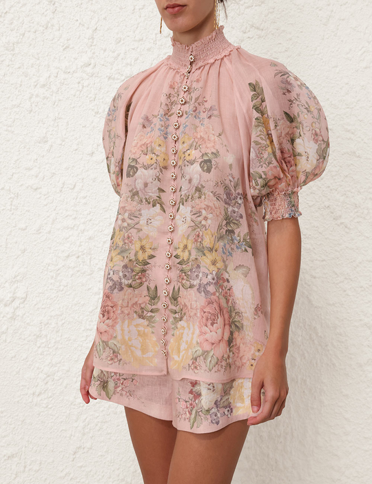 Waverly Short Sleeve Blouse & Tuck Short Pink Floral