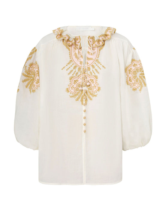 Waverly Embroidered Top in Cream/Gold