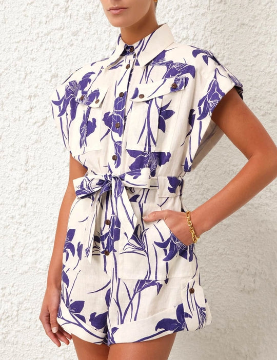 Acadian Cuffed Playsuit Ivory/Blue Floral