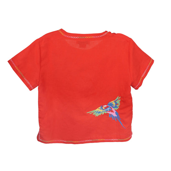 Round Neck T Shirt with Parrot Embroidery