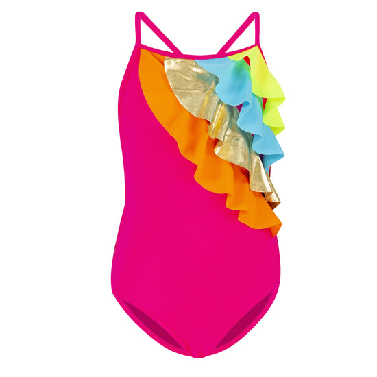 Girls Pink One Piece Swimsuit with Colourful Frills