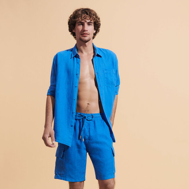 Men Linen Bermuda Shorts Cargo Pockets In Blue