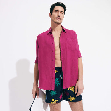 Mens Linen Shirt in Crimson Purple