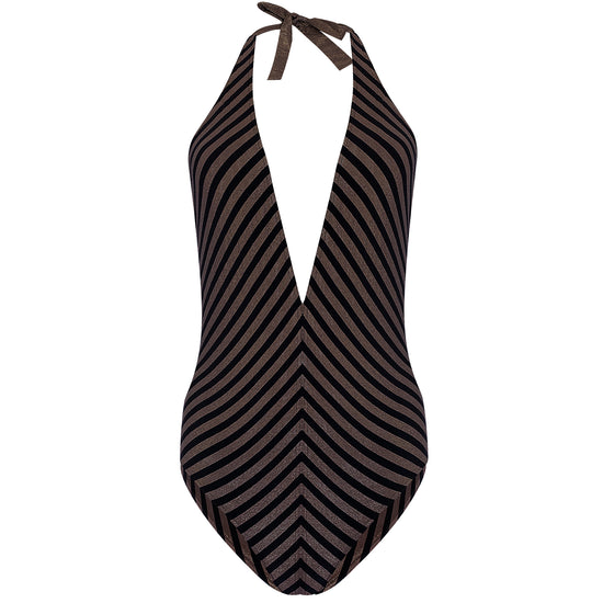 Halter Neck Bathing Suit in Black/Gold