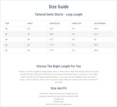 Mens Tailored Swim Trunks Size Guide