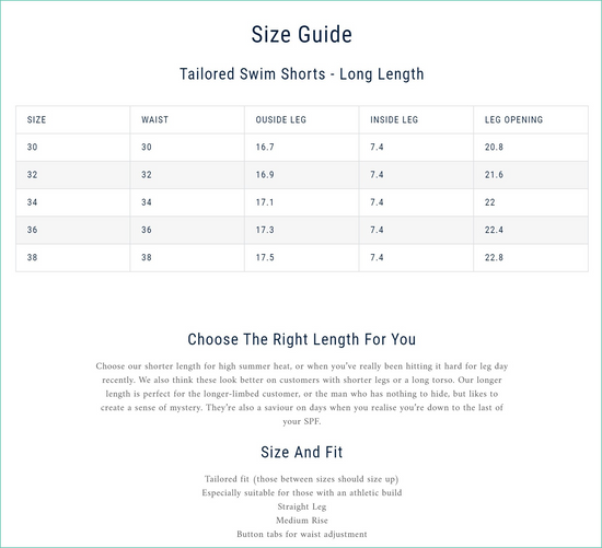 Mens Tailored Swim Trunks Size Guide