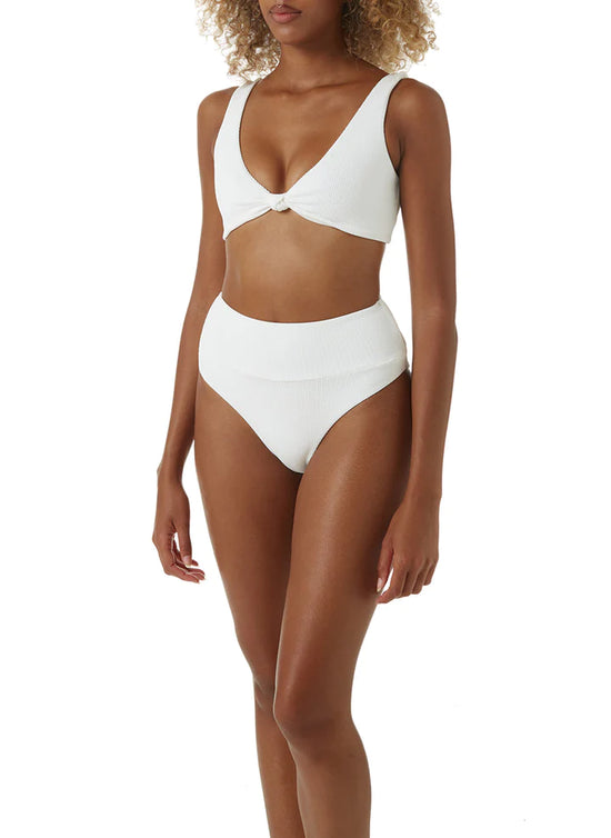Woman Wearing High Waisted Bikini Bottom White