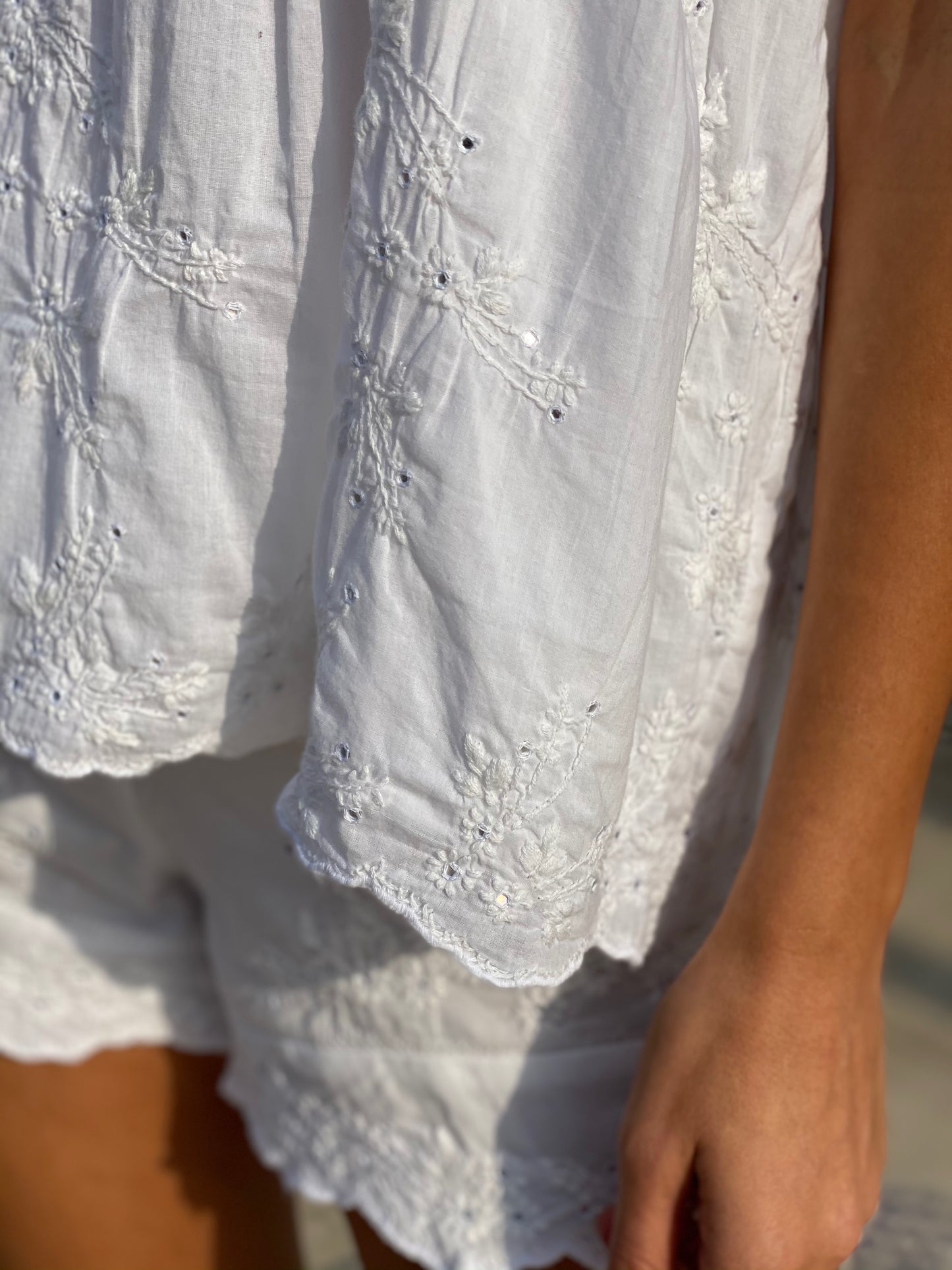 Load image into Gallery viewer, Acid Wash Baby Doll Top With Tonal Lotus Embroidery White - Top
