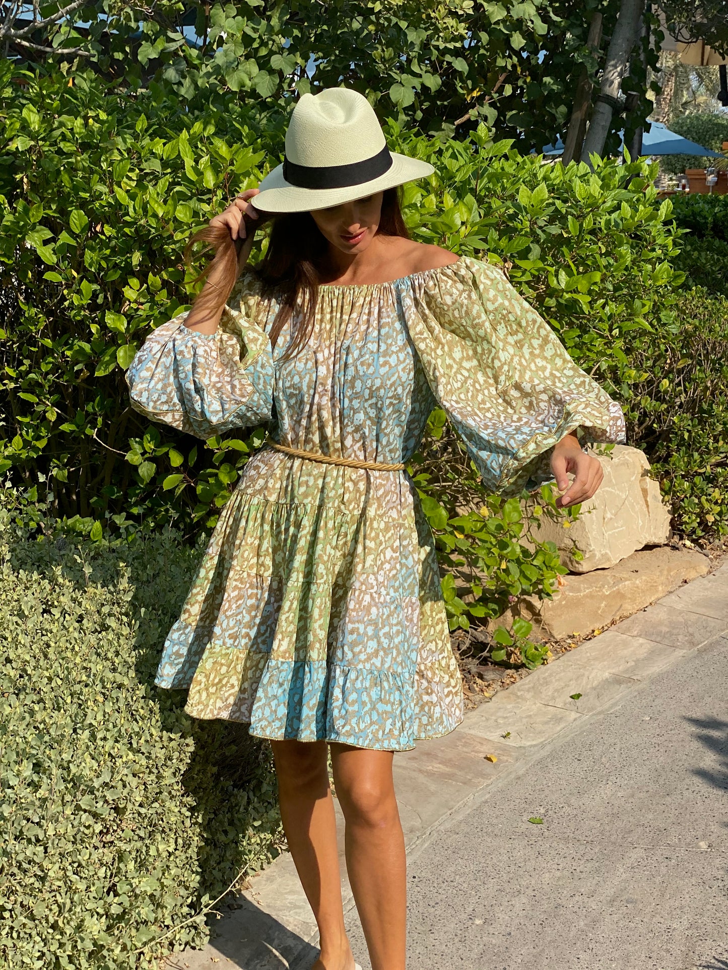 Load image into Gallery viewer, Tie Dye Boho Layer Dress With Snow Leopard Print Green Lime/Turq - ONE SIZE - Dress
