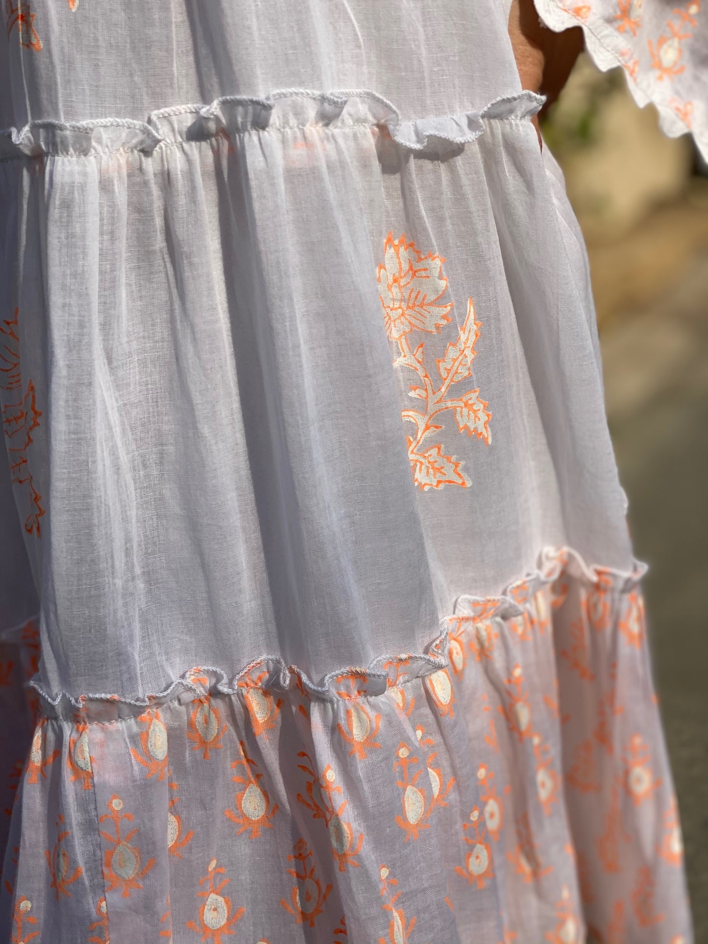 Load image into Gallery viewer, Flared Sleeve Dress With Rose Block Print &amp;amp; Ric Rac Pale Neon Orange/White - Dress
