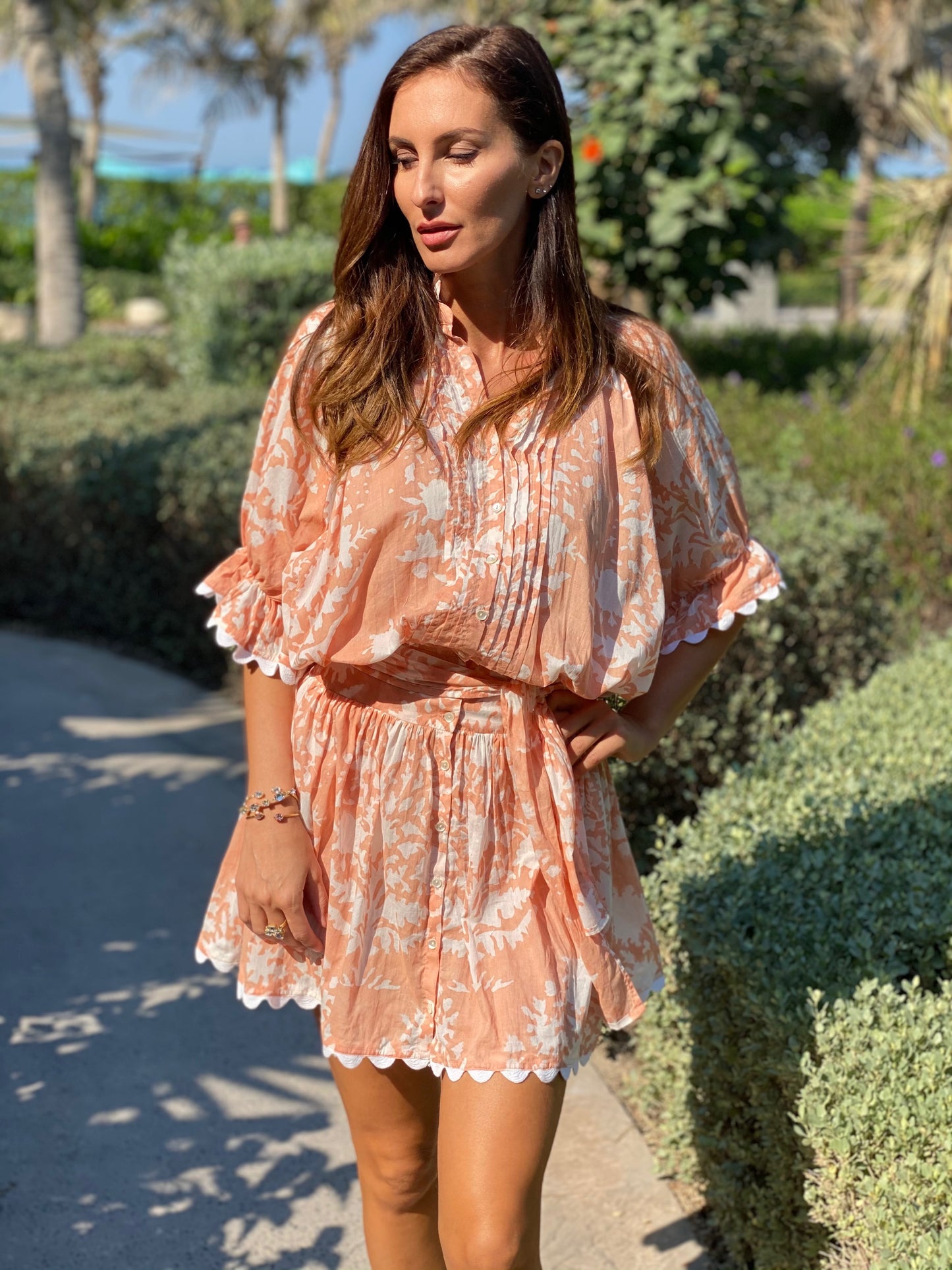 Blouson Dress In Palladio Block Print Jaipur Pink