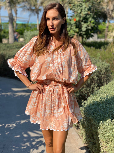 Blouson Dress In Palladio Block Print Jaipur Pink - Dress