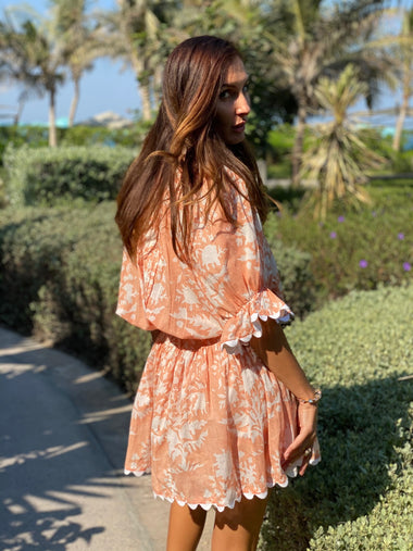 Blouson Dress In Palladio Block Print Jaipur Pink - Dress
