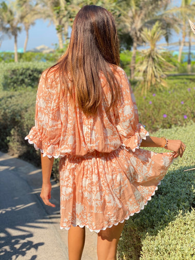 Blouson Dress In Palladio Block Print Jaipur Pink - Dress