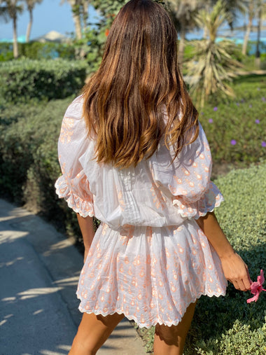 Blouson Dress: Rose & Ric Rac Trim with Neon Orange Slip - Dress