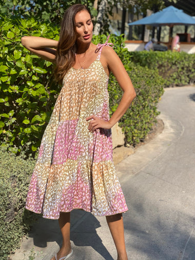 Tie Dye 70’s Sun Dress With Snow Leopard Print Green Lime/Turq - Dress