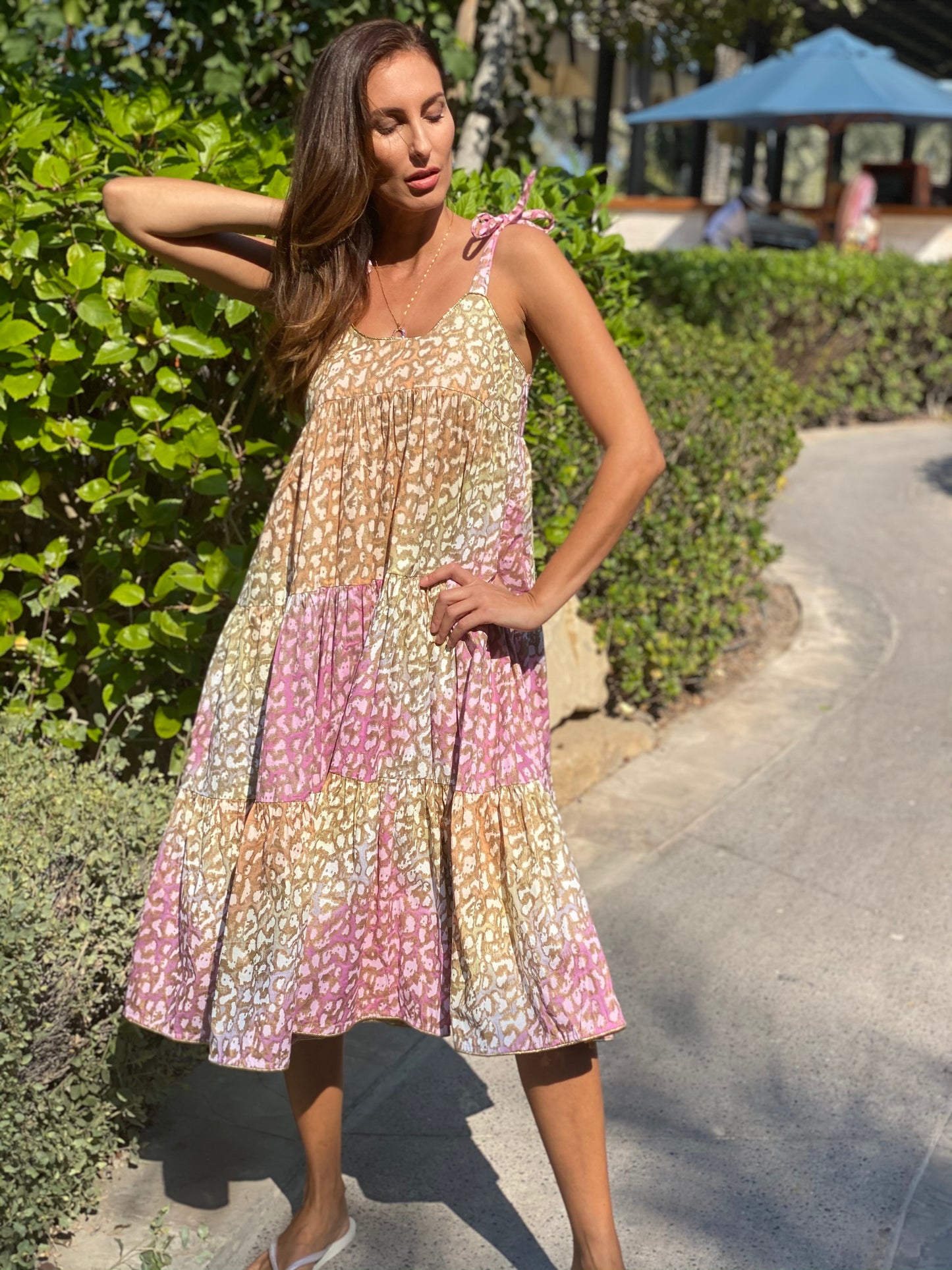 Load image into Gallery viewer, Tie Dye 70’s Sun Dress With Snow Leopard Print Green Lime/Turq - Dress
