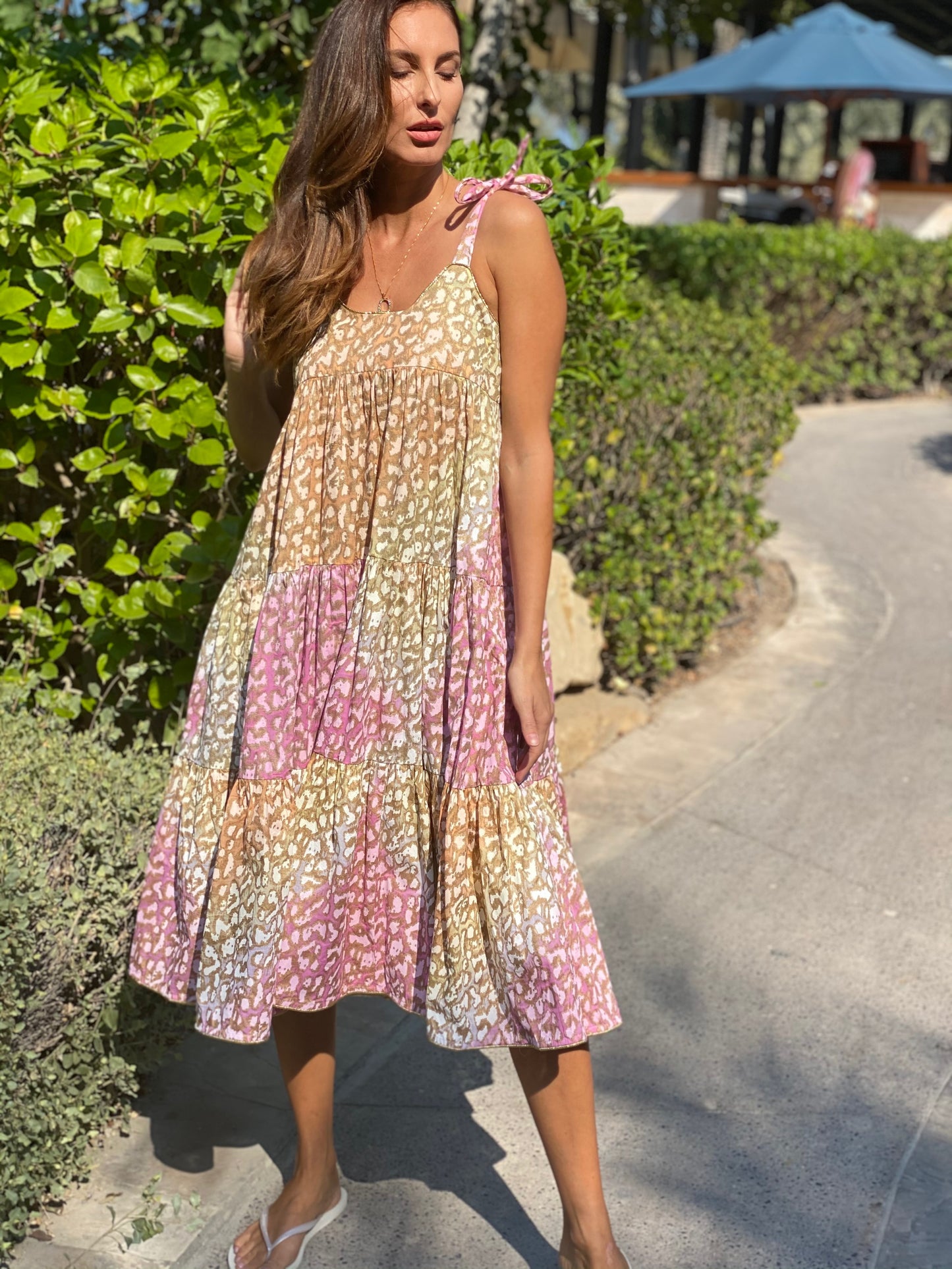 Load image into Gallery viewer, Tie Dye 70’s Sun Dress With Snow Leopard Print Green Lime/Turq - Dress
