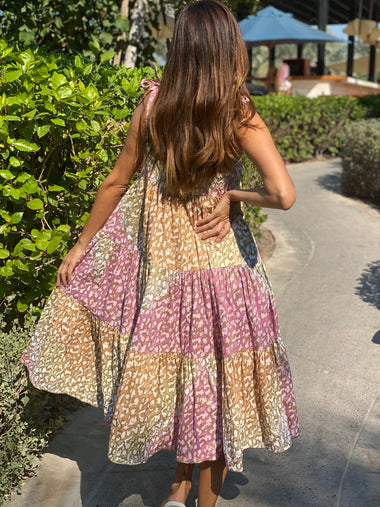 Tie Dye 70’s Sun Dress With Snow Leopard Print Green Lime/Turq - Dress