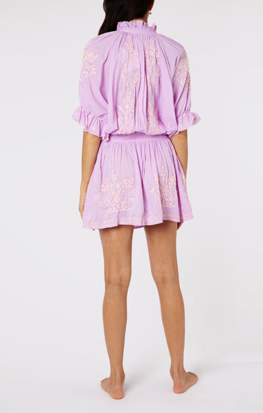 Blouson Dress With Contrast Lotus Embroidery With Slip Lilac/Pale Pink - Dress