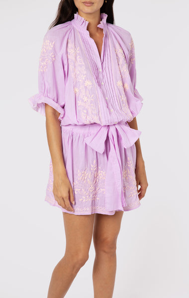 Blouson Dress With Contrast Lotus Embroidery With Slip Lilac/Pale Pink - Dress
